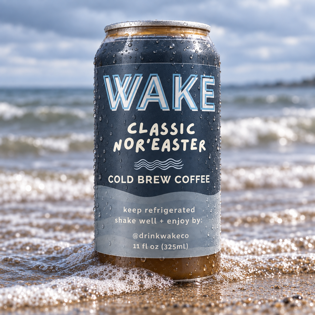 Cold WAKE Classic Nor'easter can standing in the Lake Erie surf