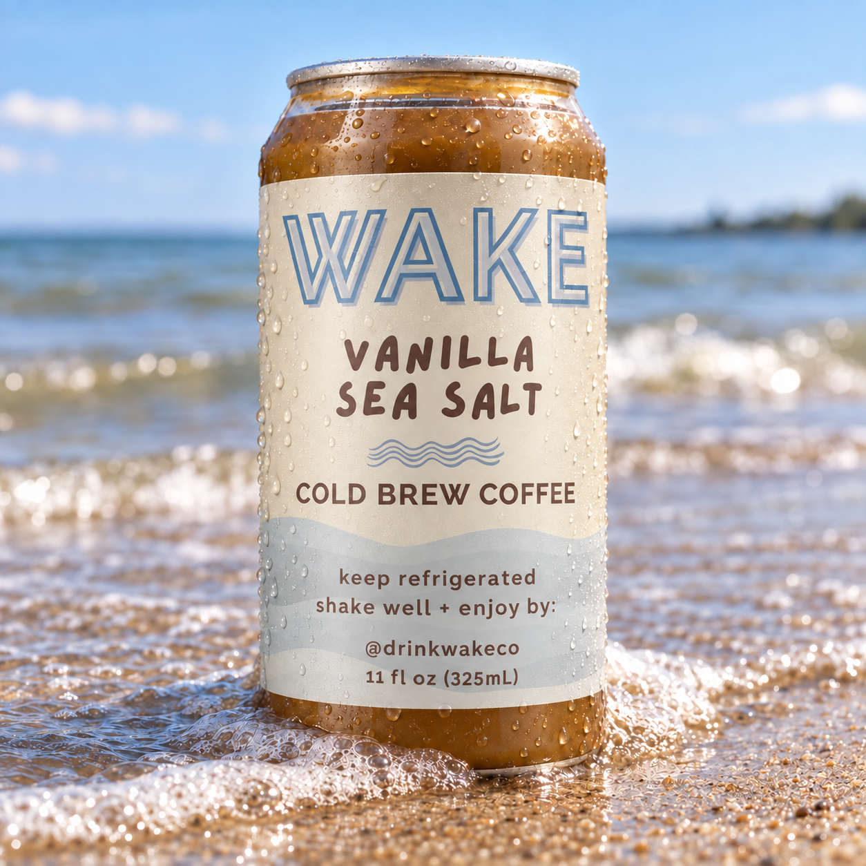 Cold WAKE Vanilla Sea Salt can standing in the Lake Erie surf